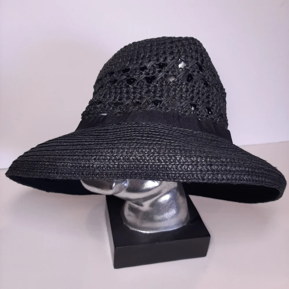 VINTAGE 90s Y2K Woven Straw Bucket Hat Ribbon Detail Retro Trendy